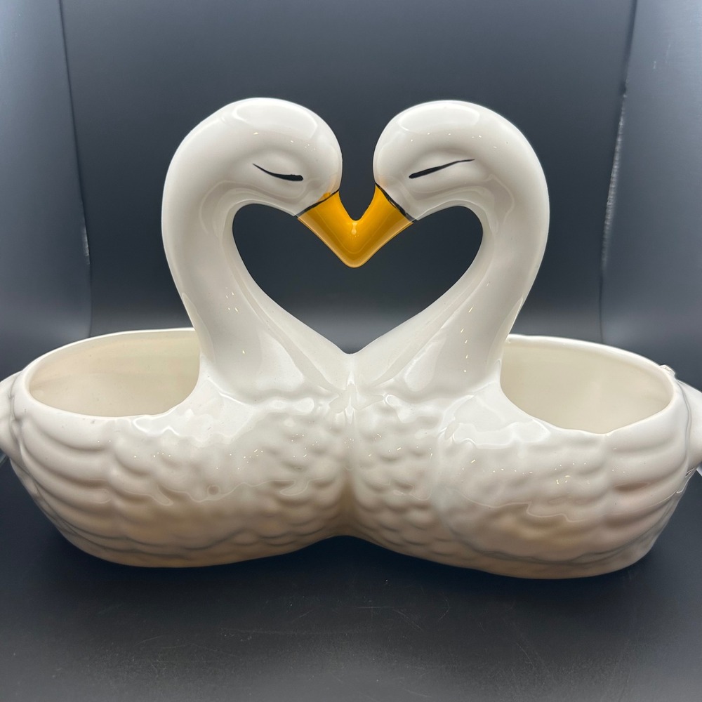 Vintage Ceramic Kissing Swans Planter White Heart Made in Brazil with Box